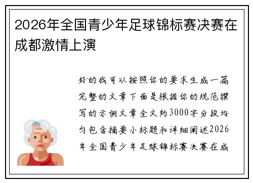 2026年全国青少年足球锦标赛决赛在成都激情上演