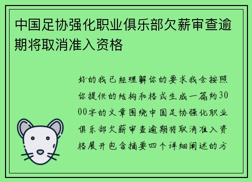 中国足协强化职业俱乐部欠薪审查逾期将取消准入资格 中国足协强化职业俱乐部欠薪审查逾期将取消准入资格