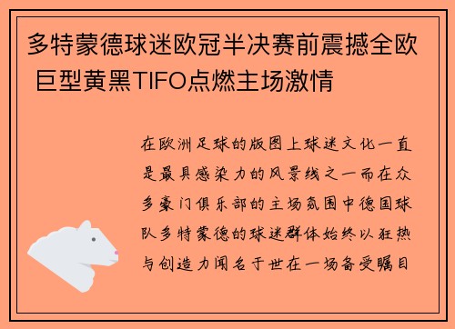 多特蒙德球迷欧冠半决赛前震撼全欧 巨型黄黑TIFO点燃主场激情